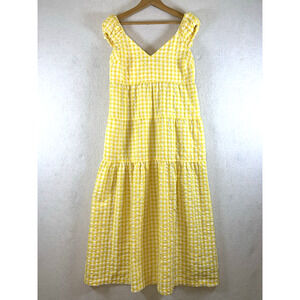 Womens Gingham Tiered Maxi Dress Sz‎ M Yellow Puff Sleeve Open Tie Smocked Back